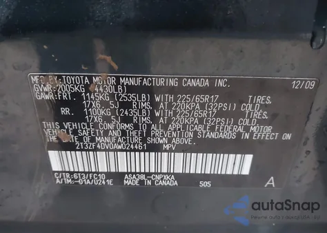 2010 Toyota Rav4 from USA, damaged, VIN 2T3ZF4DV0AW024461